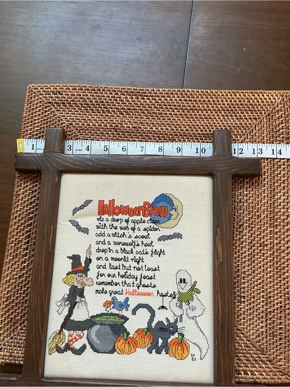 Vintage Completed Halloween Brew Cross Stitch Framed Wood Ox-Bow 1983 Whimsical